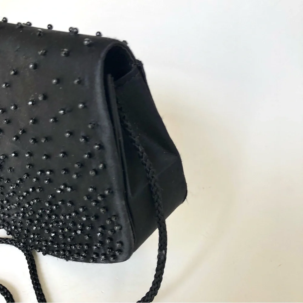 La Regale Vintage Clutch Black Beaded Satin Purse